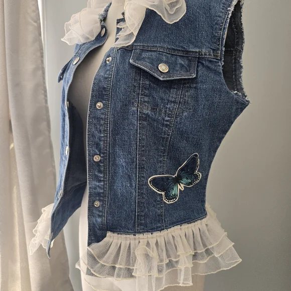 Upcycled Denim Vest with Ruffle Trim and Butterfly Patch Size Medium - Picture 5 of 11